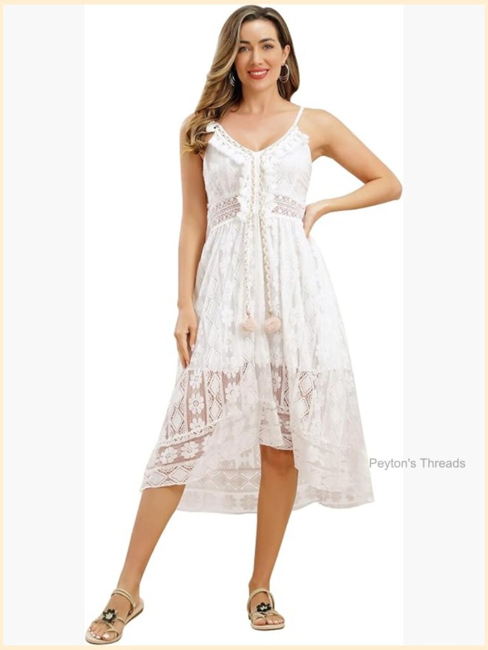 Women V Neck Floral Lace Boho Dress Summer Beach Holiday Maxi Dress